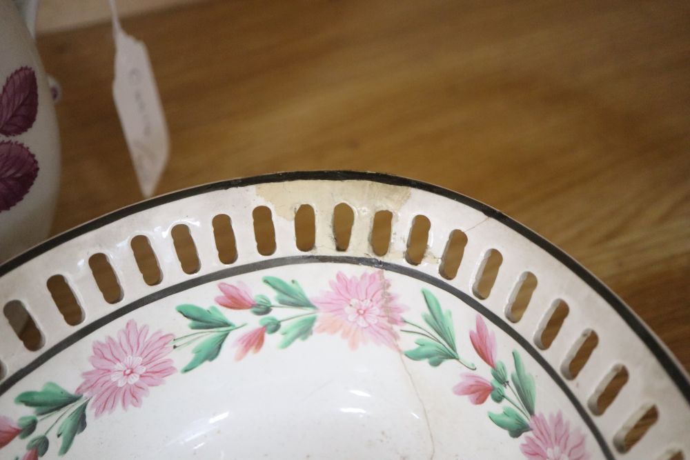 A 19th century German porcelain hot water jug, two Regency porcelain dishes a pair of Wilson pearlware dishes and a Wedgwood basket